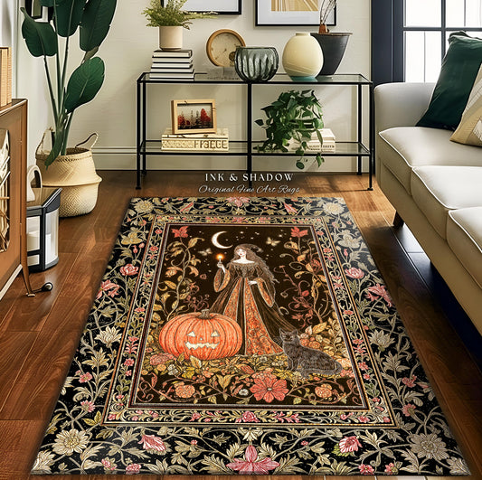Midnight Sorcery Pumpkin Witch Rug | Medieval Aesthetic Bohemian Halloween Accent Rug Gothic Retro Halloween Style Folklore Black Cat Decor