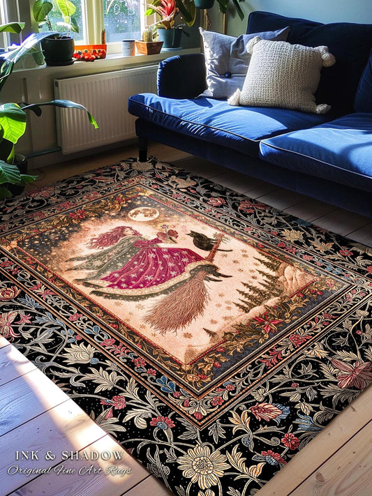Mystical Black Cat Witch Area Rug | Fairytale Decor Gothic Cottagecore Broomstick Halloween Whimsy Gothic Maximalist Aesthetic Accent Rustic