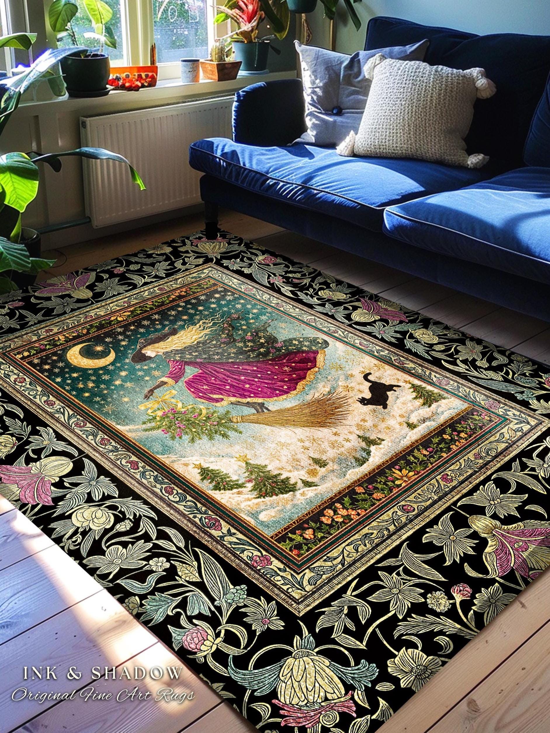 Snowy Moonlit Night Witchy Rug | Celestial Cat Gothic Decor Broomstick Ride Whimsigoth Magic Cottagecore Folk Aesthetic Bedroom Accent Rug |