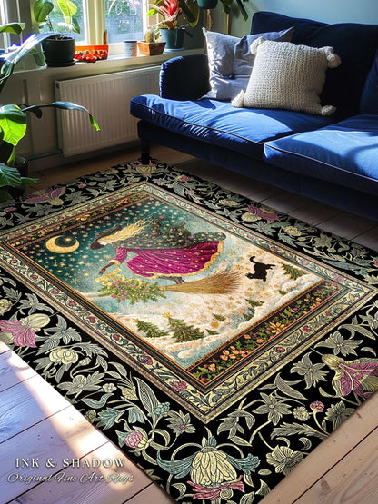 Snowy Moonlit Night Witchy Rug | Celestial Cat Gothic Decor Broomstick Ride Whimsigoth Magic Cottagecore Folk Aesthetic Bedroom Accent Rug |