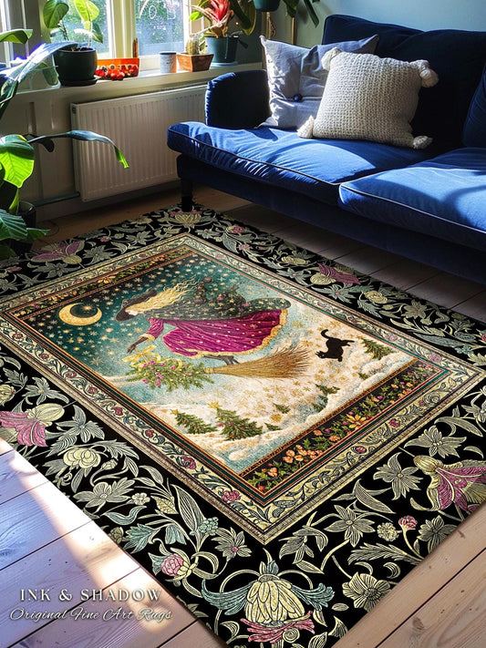 Snowy Moonlit Night Witchy Rug | Celestial Cat Gothic Decor Broomstick Ride Whimsigoth Magic Cottagecore Folk Aesthetic Bedroom Accent Rug |