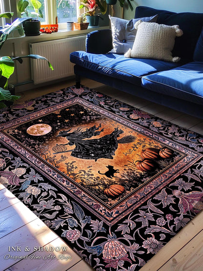 Harvest Moon Spooky Witch Accent Rug | Enchanted Black Cat Moody Bedroom Area Rug Gothic Decor Folklore Aesthetic Celestial Night Whimsical