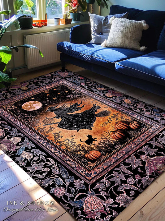 Harvest Moon Spooky Witch Accent Rug | Enchanted Black Cat Moody Bedroom Area Rug Gothic Decor Folklore Aesthetic Celestial Night Whimsical