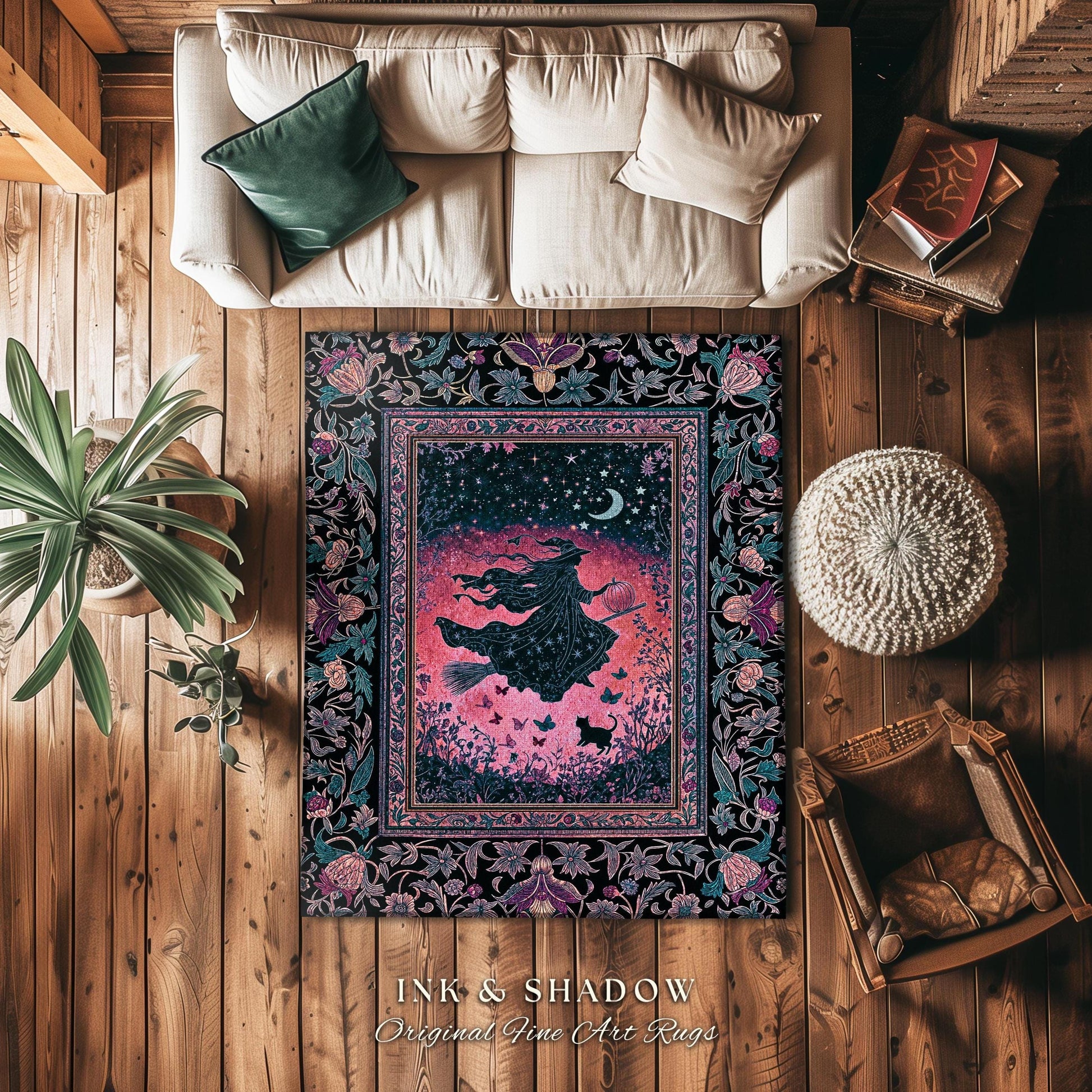 Moody Magenta Witch Silhouette Rug | Whimsigoth Aesthetic Flying Broomstick Black Cat Halloween Moon Magic Night Gothic Folklore Bedroom Art