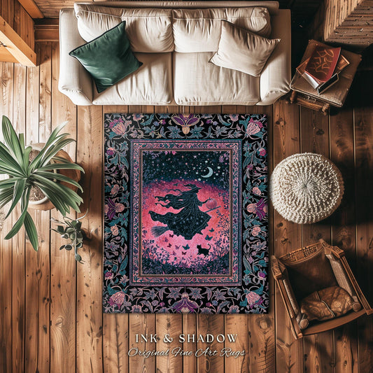 Moody Magenta Witch Silhouette Rug | Whimsigoth Aesthetic Flying Broomstick Black Cat Halloween Moon Magic Night Gothic Folklore Bedroom Art