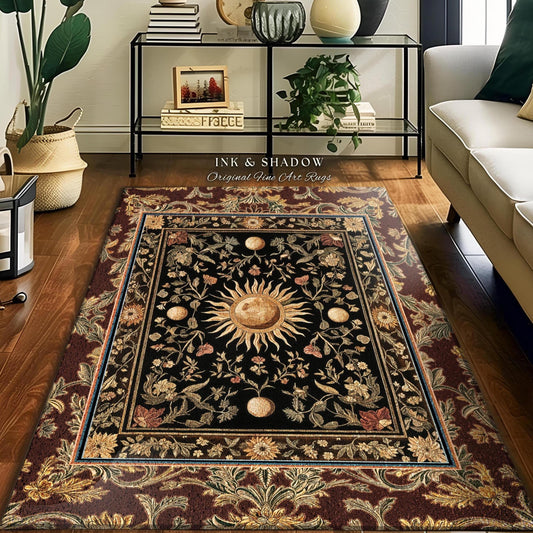 Regal Rococo Skies Celestial Area Rug | Enchanted Celestial Witchy Astrology Boho Maximalist Decor Sun and Moon Tarot Inspired Gothic Accent