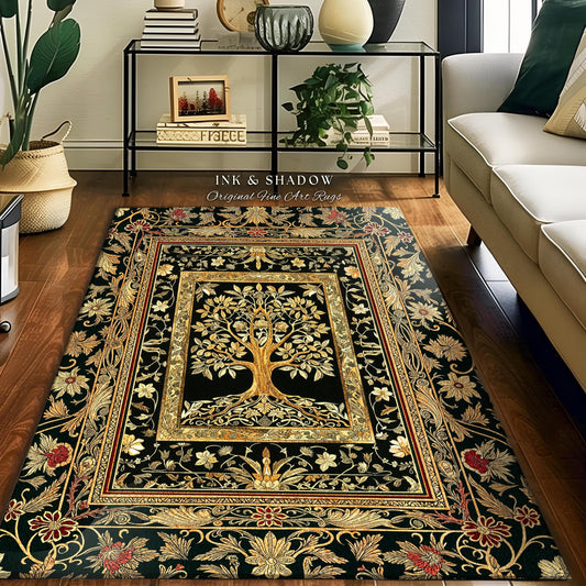 Regal Golden Tree of Life Accent Rug | Gilt Border Ornate Medieval Design Folklore Style Woodland Decor Maximalist Area Rug Nordic Aesthetic
