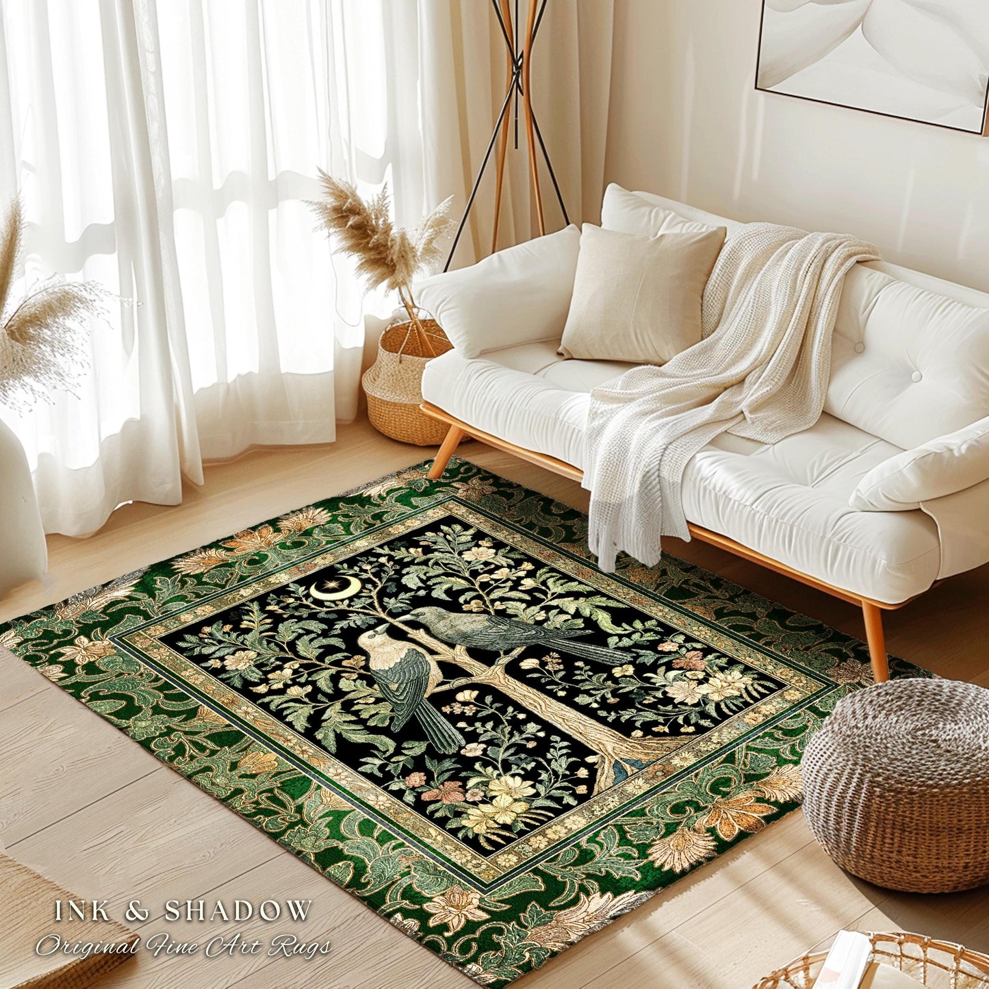 Woodland Raven Gothic Sage Area Rug | Medieval Botanical Folklore Inspired Bedroom Nature Moonlit Cottagecore Cozy Vintage Aesthetic Accent