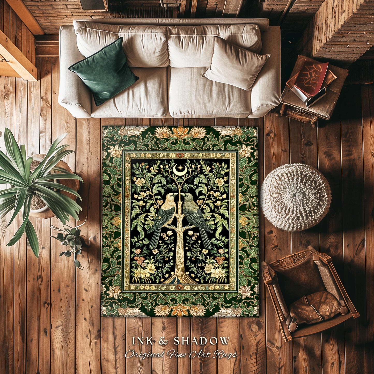 Woodland Raven Gothic Sage Area Rug | Medieval Botanical Folklore Inspired Bedroom Nature Moonlit Cottagecore Cozy Vintage Aesthetic Accent