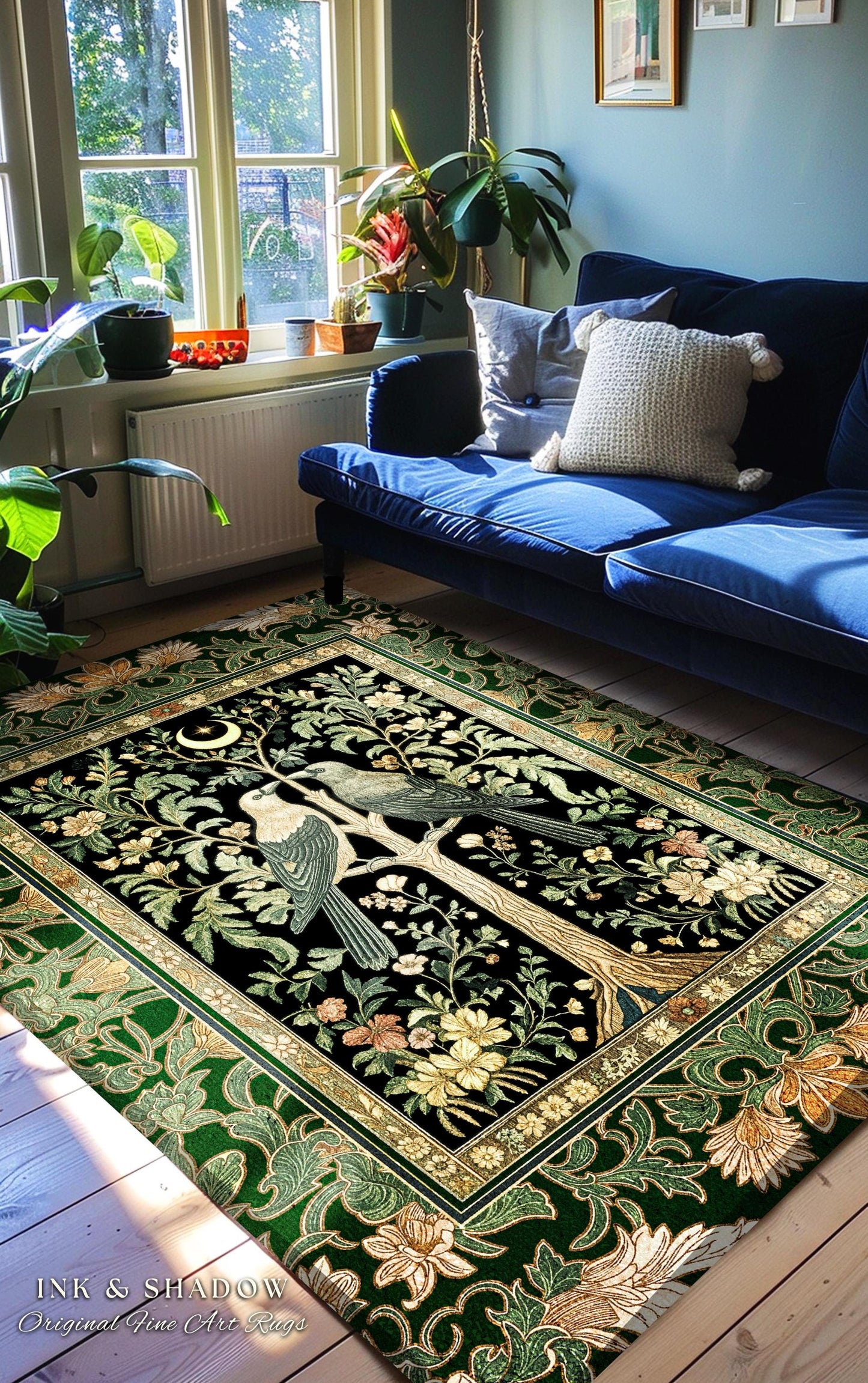 Woodland Raven Gothic Sage Area Rug | Medieval Botanical Folklore Inspired Bedroom Nature Moonlit Cottagecore Cozy Vintage Aesthetic Accent