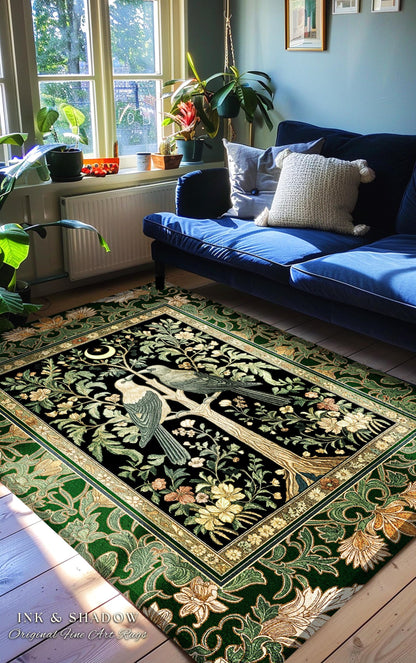 Woodland Raven Gothic Sage Area Rug | Medieval Botanical Folklore Inspired Bedroom Nature Moonlit Cottagecore Cozy Vintage Aesthetic Accent