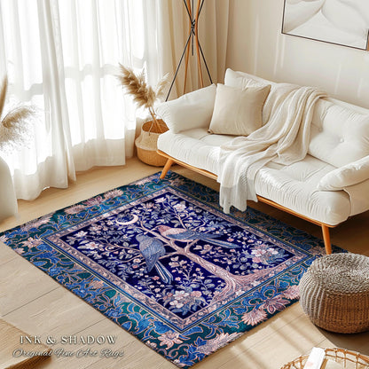 Moody Violet Raven Accent Rug | Gothic Floral Nighttime Celestial Style Pastel Aesthetic Baroque Witchy Academic Bedroom Purple Dreamy Decor