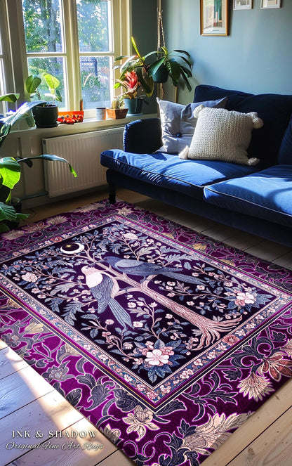 Witchy Purple Moonlit Raven Area Rug | Gothic Floral Moody Whimsical Dark Folklore Baroque Bedroom Accent Autumnal Whimsigothic Style Dorm |