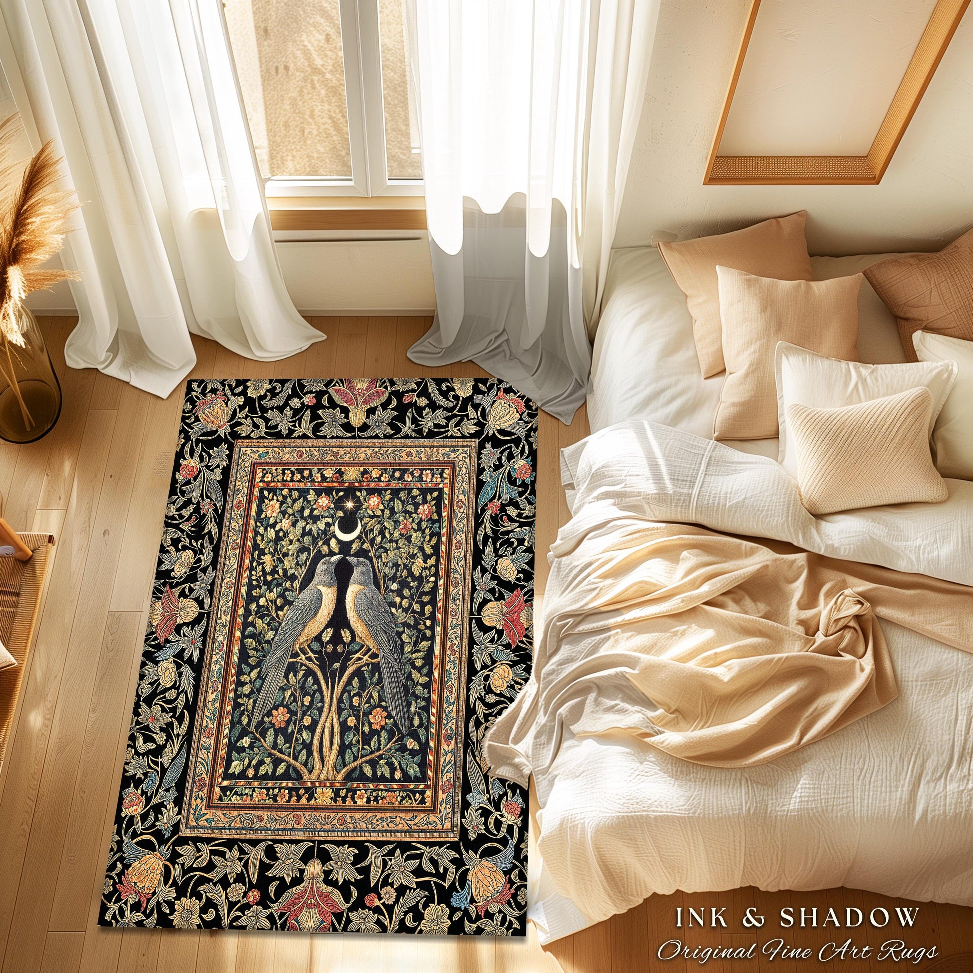 Botanical Moonlight Raven Accent Rug | Enchanted Celestial Golden Baroque Garden Crowcore Decor Dark Gothic Romance Whimsical Forest Art Rug