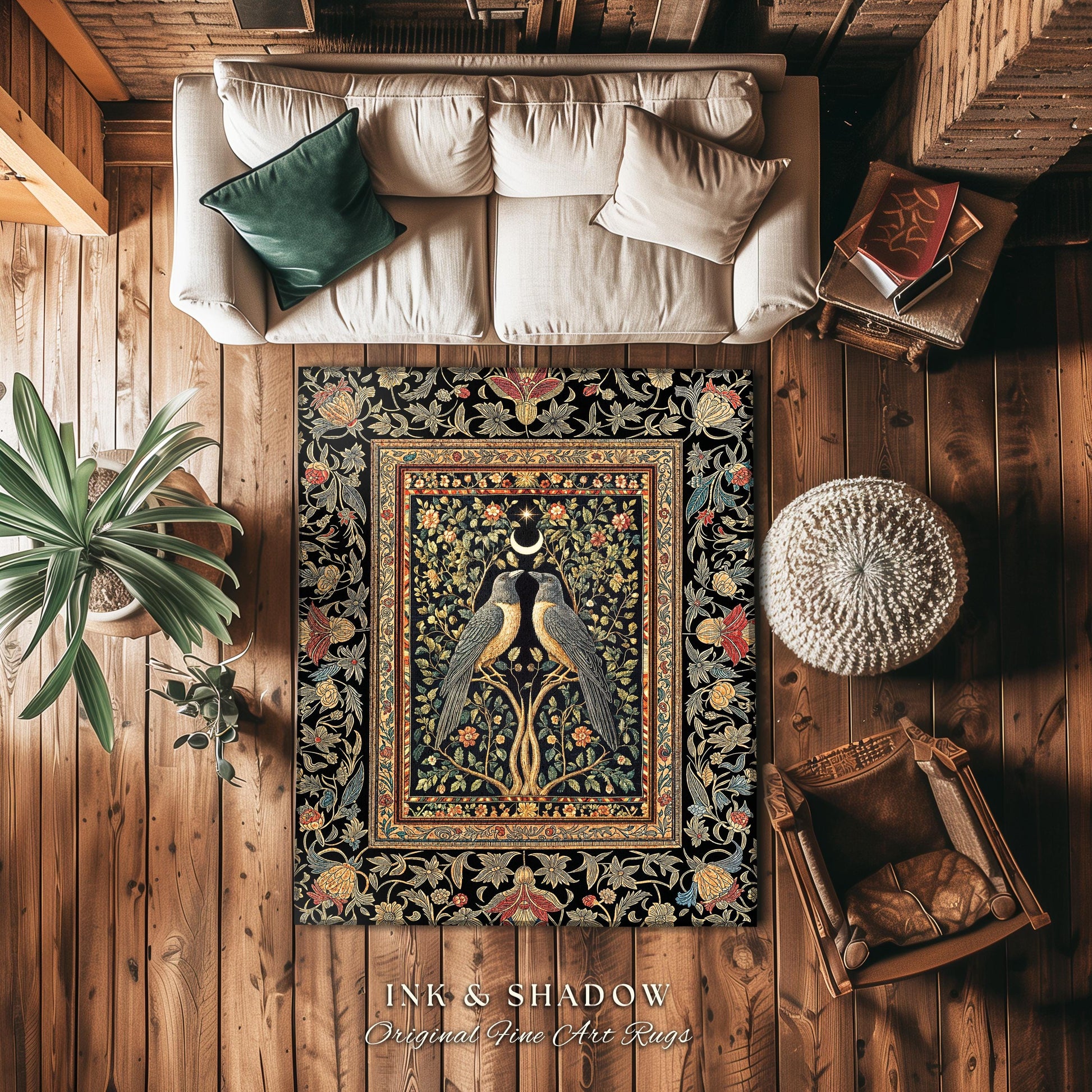 Botanical Moonlight Raven Accent Rug | Enchanted Celestial Golden Baroque Garden Crowcore Decor Dark Gothic Romance Whimsical Forest Art Rug