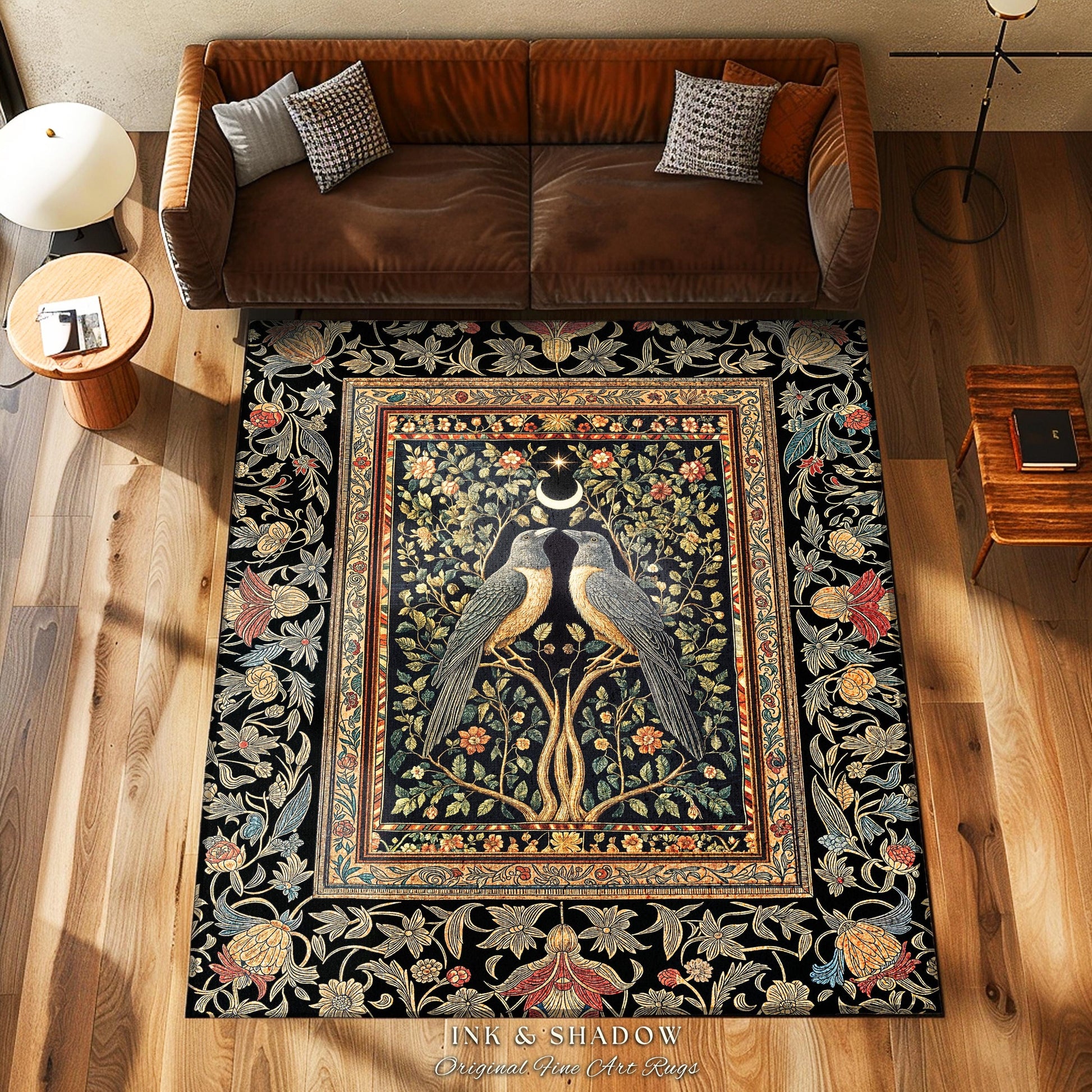 Botanical Moonlight Raven Accent Rug | Enchanted Celestial Golden Baroque Garden Crowcore Decor Dark Gothic Romance Whimsical Forest Art Rug