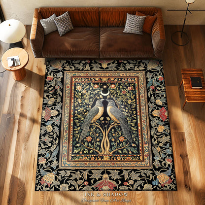 Botanical Moonlight Raven Accent Rug | Enchanted Celestial Golden Baroque Garden Crowcore Decor Dark Gothic Romance Whimsical Forest Art Rug