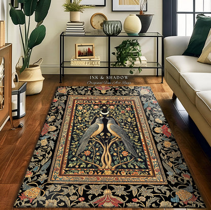 Botanical Moonlight Raven Accent Rug | Enchanted Celestial Golden Baroque Garden Crowcore Decor Dark Gothic Romance Whimsical Forest Art Rug