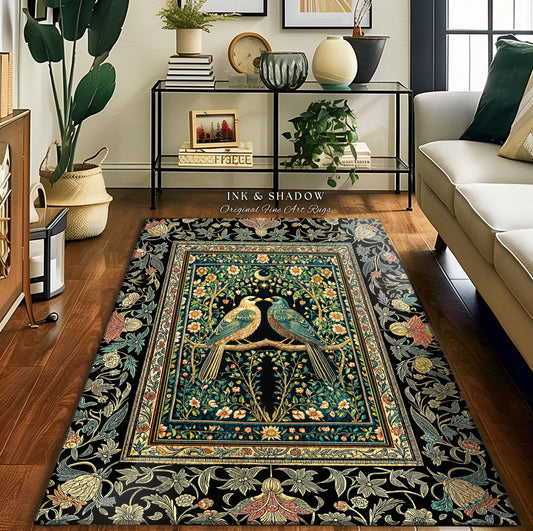 Rustic Celestial Garden Crow Rug | Maximalist Baroque Fairytale Cottagecore Aesthetic Raven Pair Storybook Enchanted Bedroom Accent Bohemian