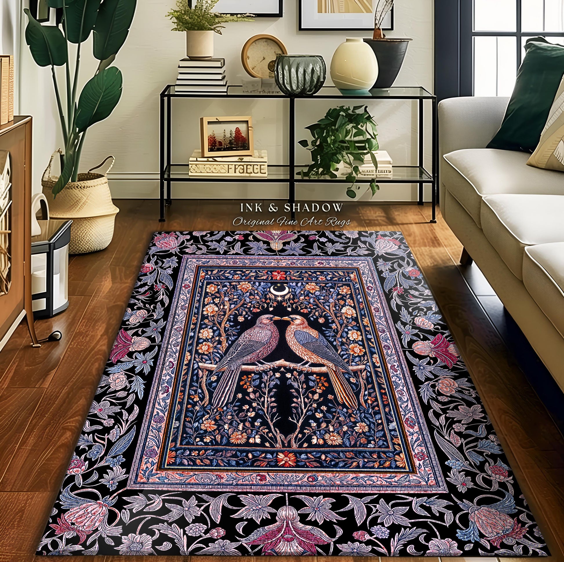 Gothic Victorian Lavender Crow Rug | Baroque Cottagecore Bedroom Accent Whimsical Dark Academia Decor Cozy Enchanted Raven Lovers Fairytale