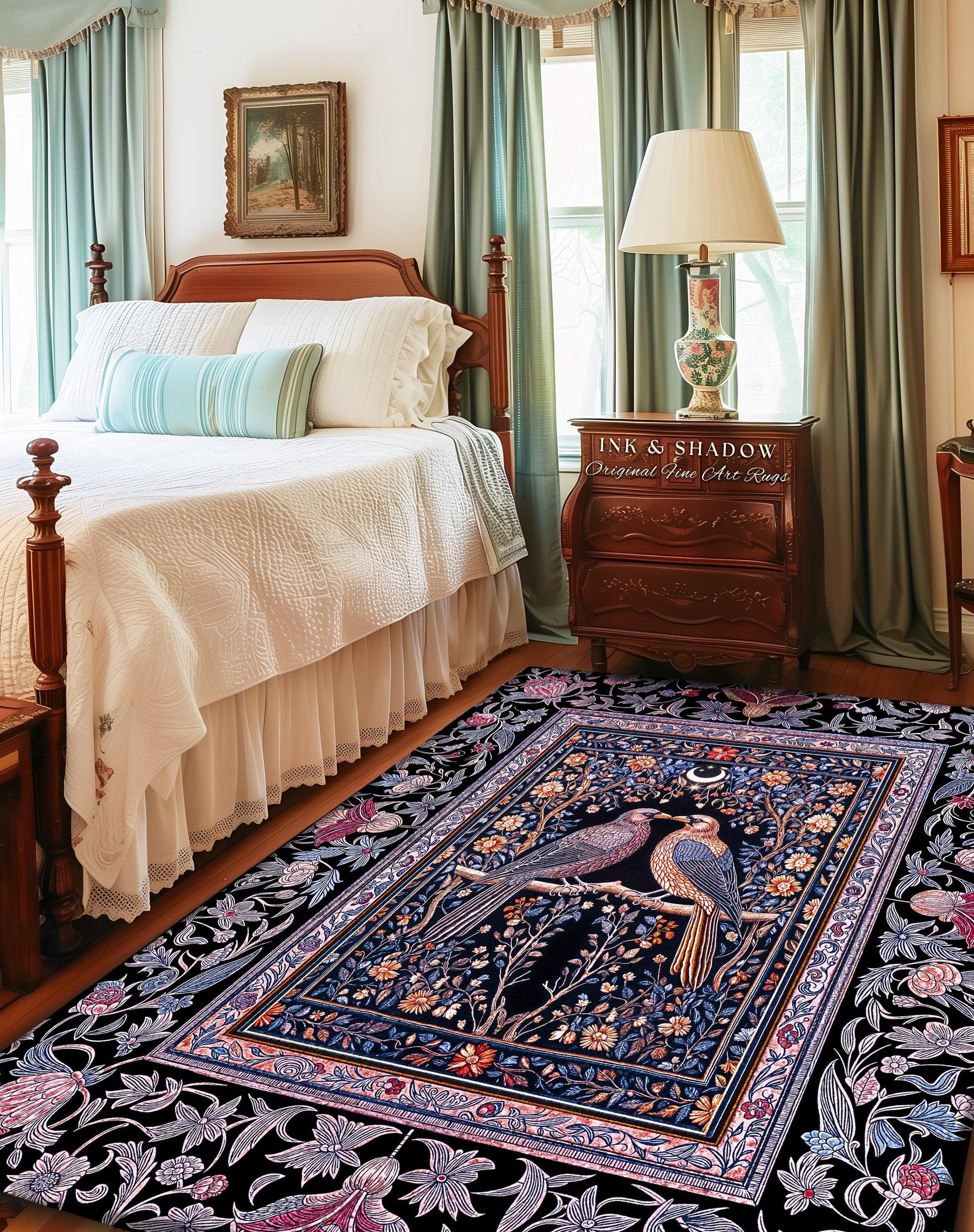 Gothic Victorian Lavender Crow Rug | Baroque Cottagecore Bedroom Accent Whimsical Dark Academia Decor Cozy Enchanted Raven Lovers Fairytale