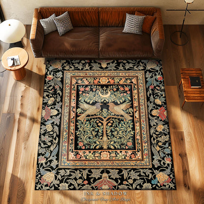Fairytale Forest Crowcore Accent Rug | Baroque Cottagecore Style Celestial Raven Lovers Decor Cozy Dark Academia Inspired Enchanted Style |