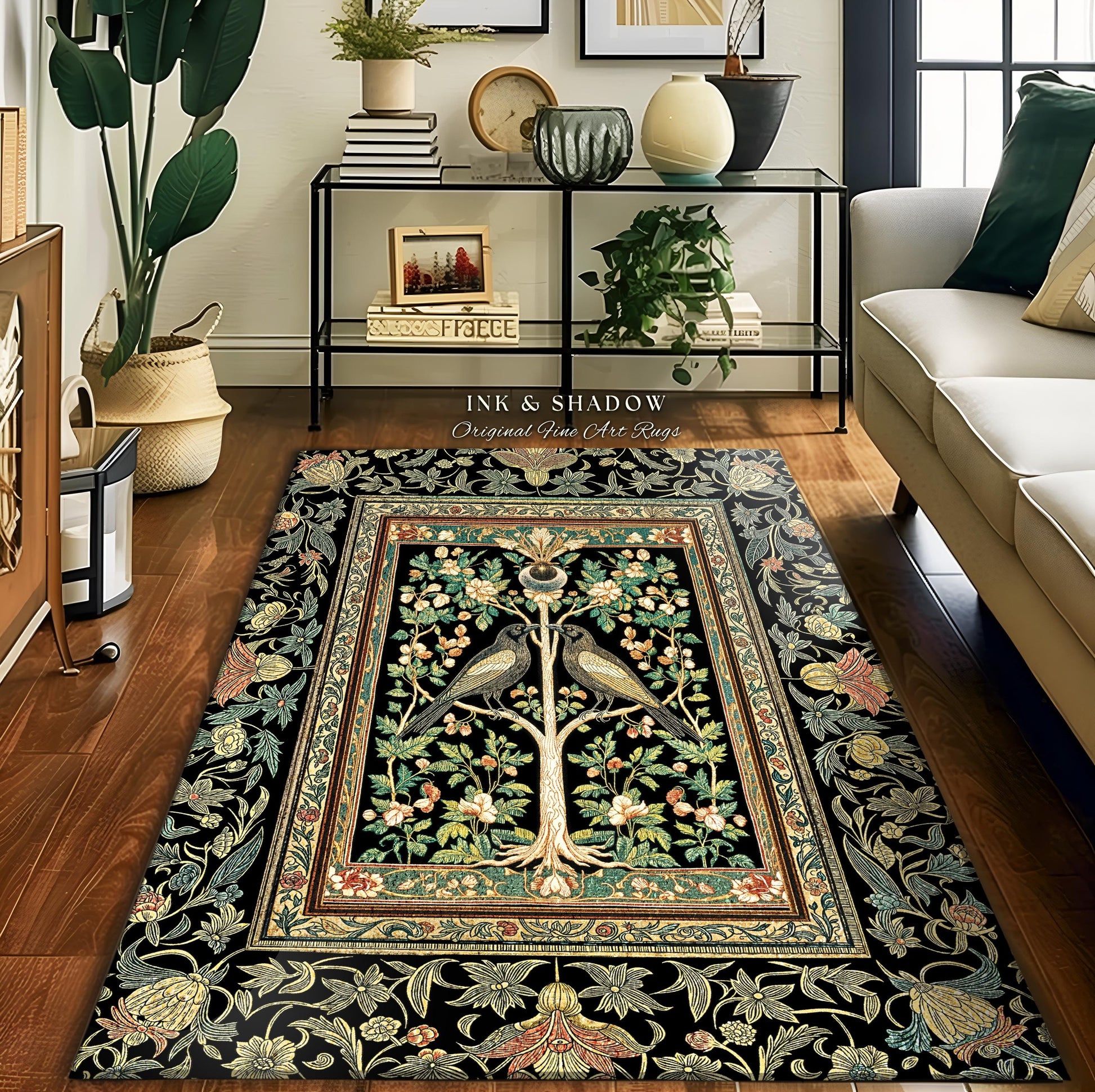 Maximalist Gothic Crowcore Rug | Enchanted Celestial Decor Baroque Forest Accent Cottagecore Cozy Bedroom Dark Academia Inspired Botanical