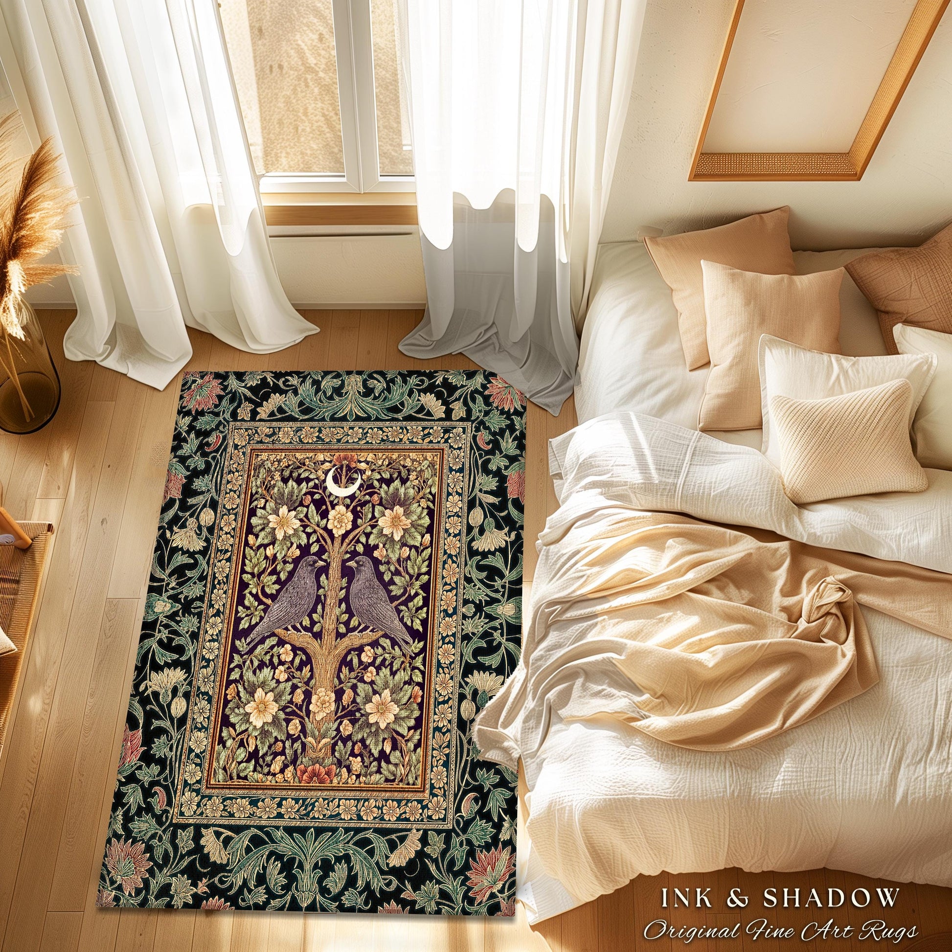 Bohemian Botanical Bird Rug | Cozy Baroque Floral Decor Cottagecore Accent Rustic Victorian Style Bedroom Crowcore Autumnal Dark Fairytale