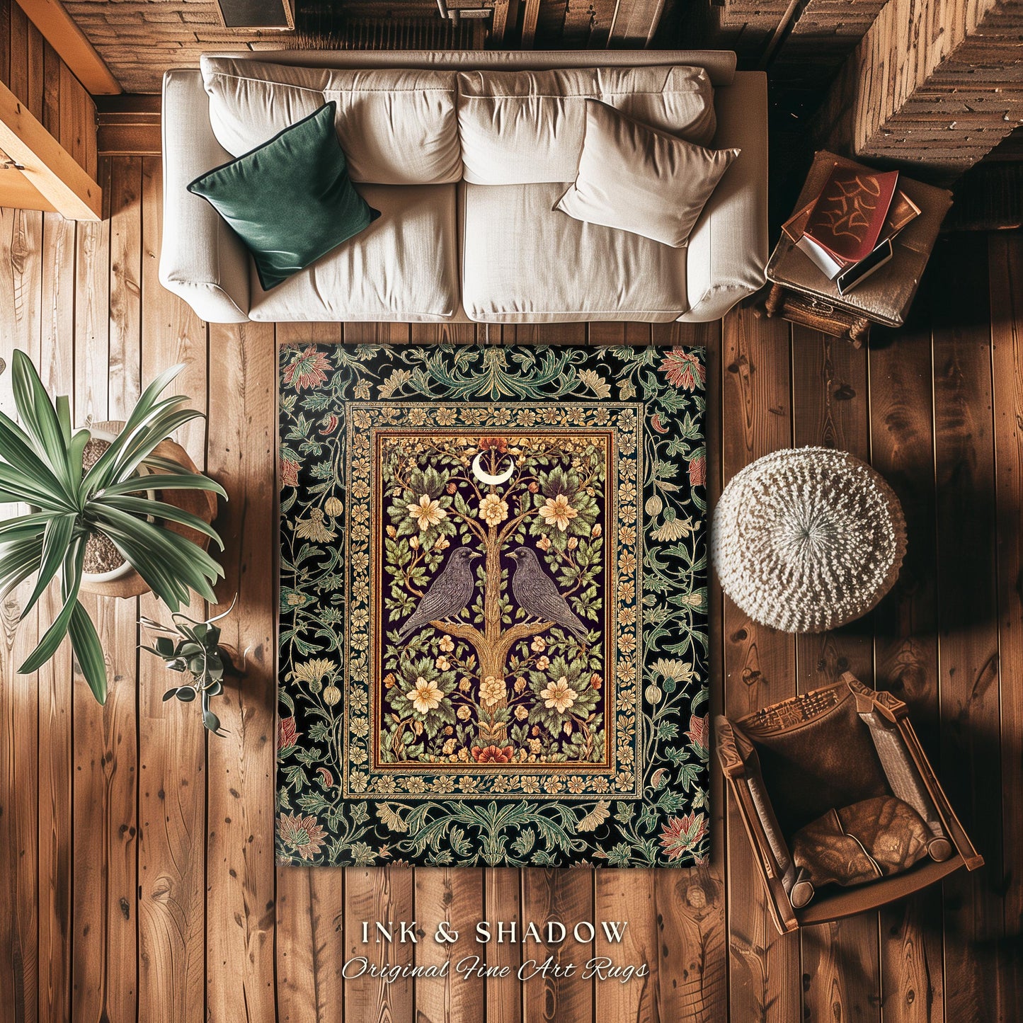 Bohemian Botanical Bird Rug | Cozy Baroque Floral Decor Cottagecore Accent Rustic Victorian Style Bedroom Crowcore Autumnal Dark Fairytale