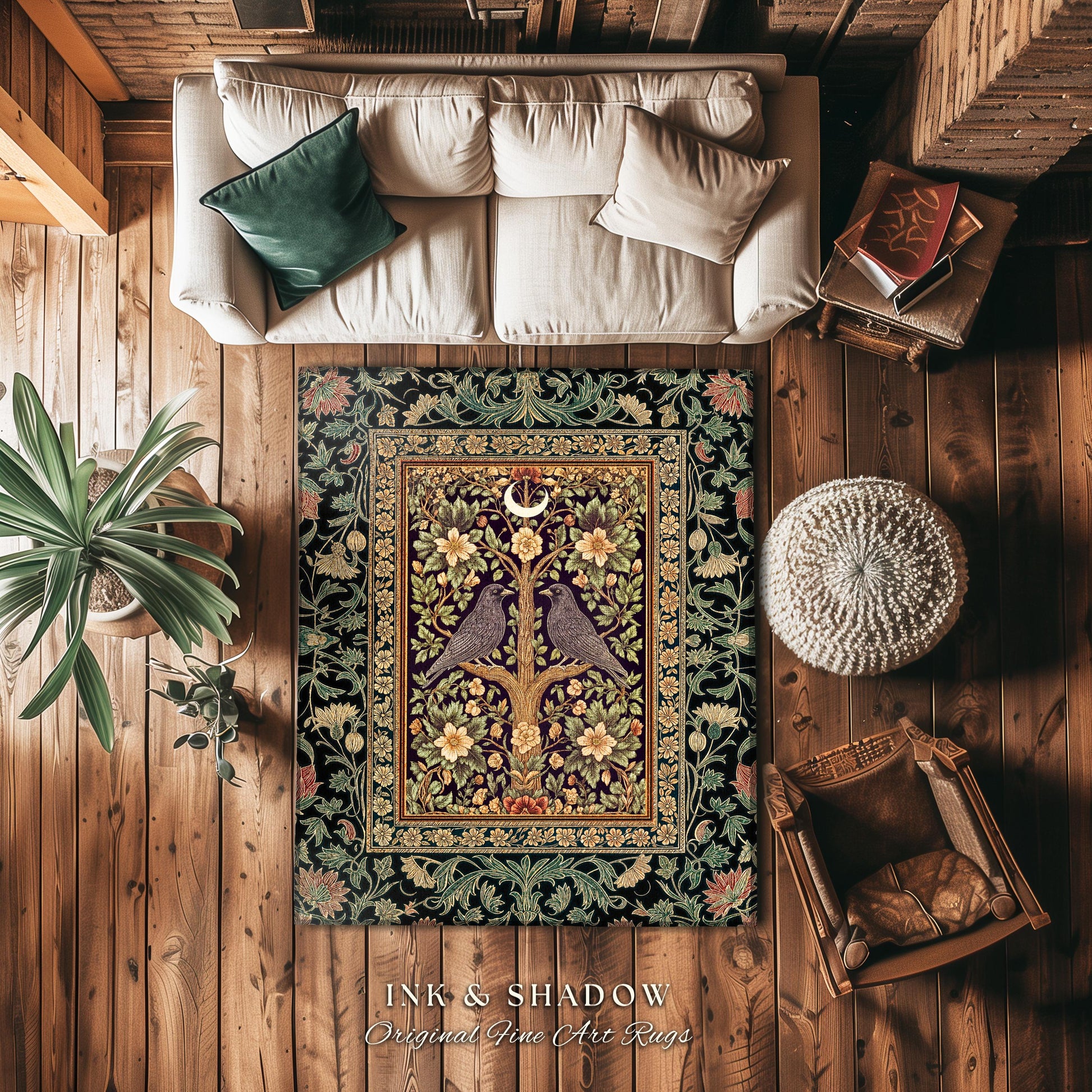 Bohemian Botanical Bird Rug | Cozy Baroque Floral Decor Cottagecore Accent Rustic Victorian Style Bedroom Crowcore Autumnal Dark Fairytale
