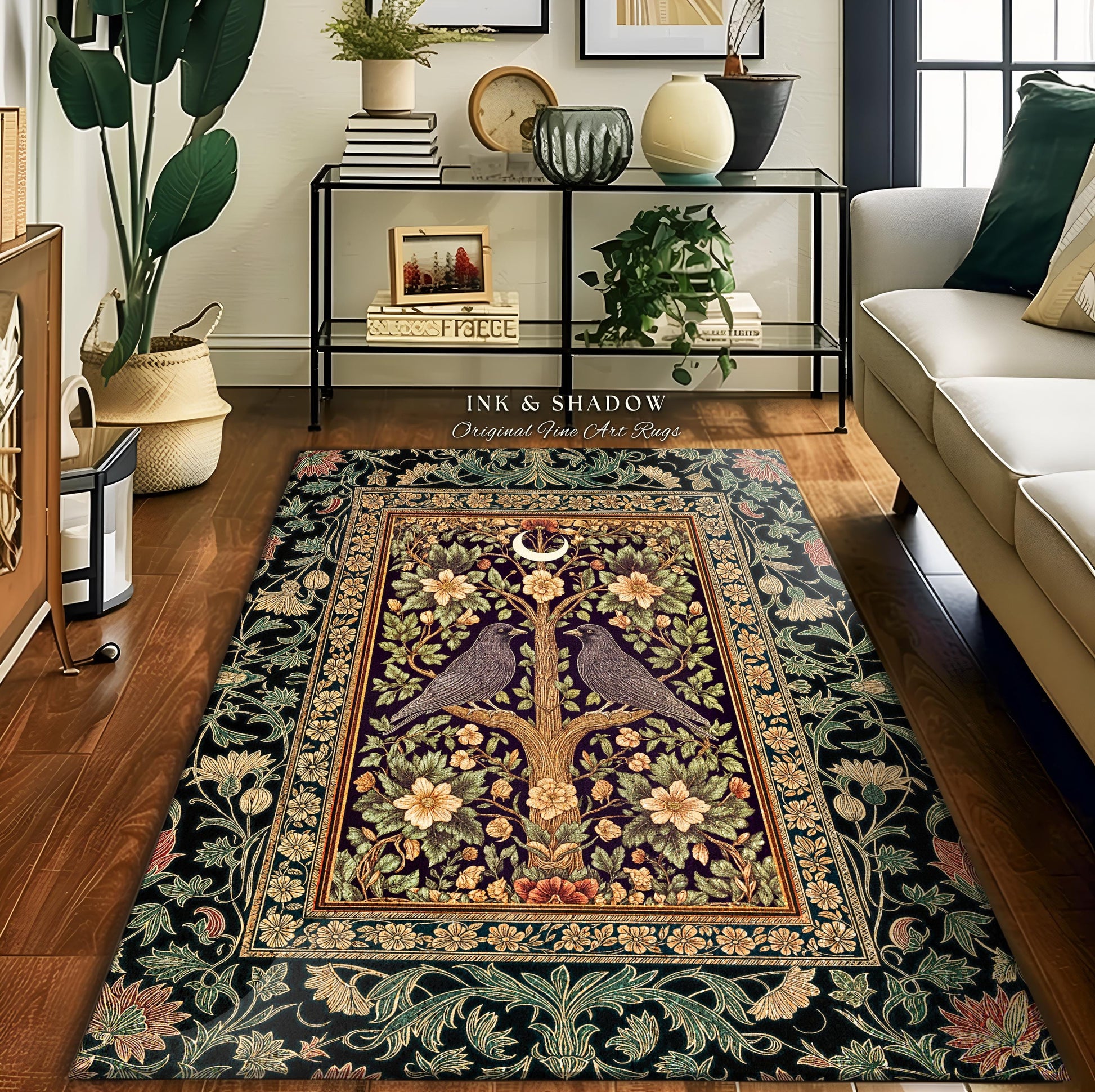 Bohemian Botanical Bird Rug | Cozy Baroque Floral Decor Cottagecore Accent Rustic Victorian Style Bedroom Crowcore Autumnal Dark Fairytale
