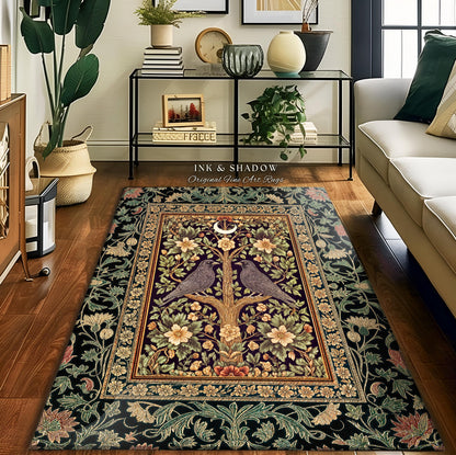 Bohemian Botanical Bird Rug | Cozy Baroque Floral Decor Cottagecore Accent Rustic Victorian Style Bedroom Crowcore Autumnal Dark Fairytale