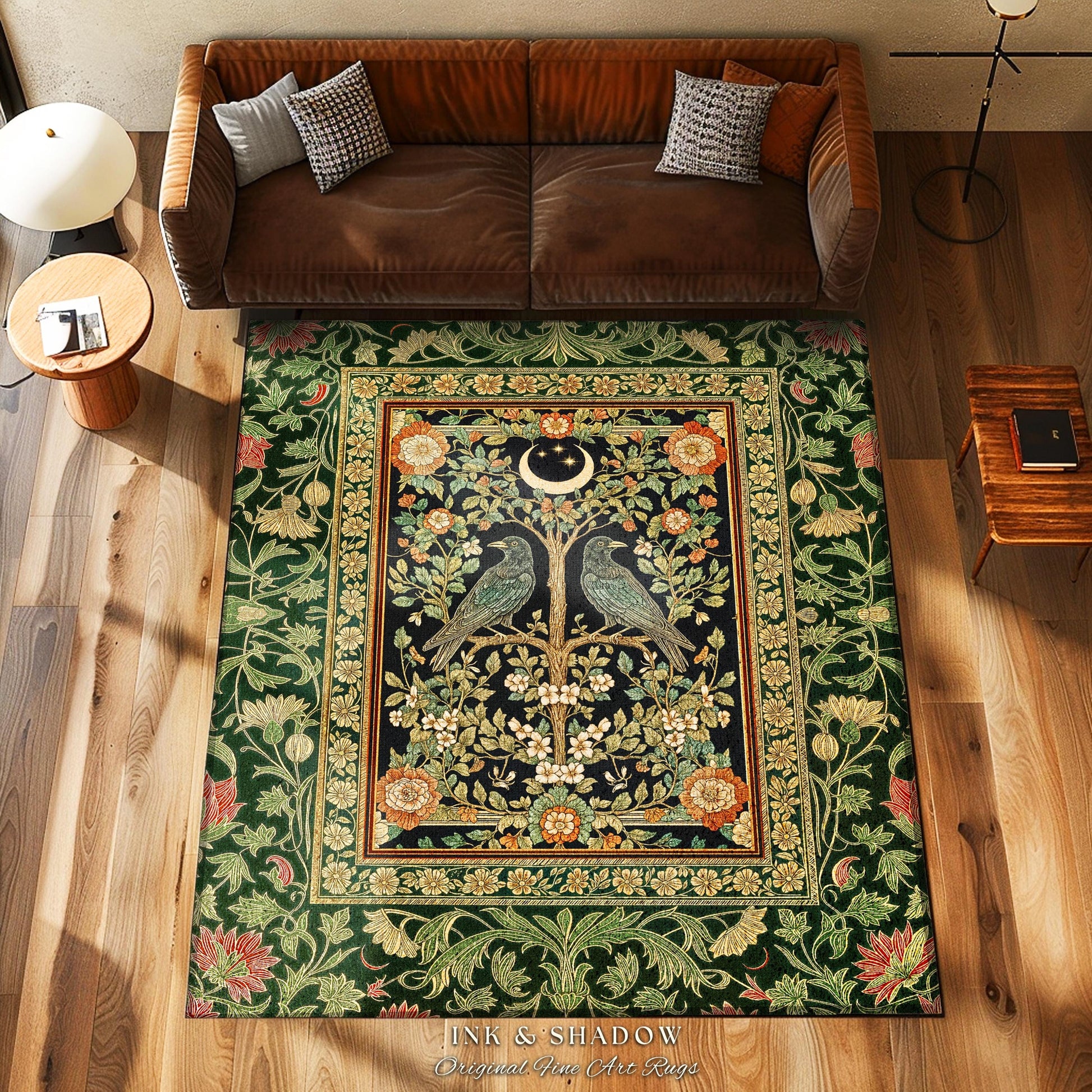 Rustic Garden Maximalist Raven Rug | Gothic Cottagecore Decor Baroque Forest Style Cozy Autumnal Accent Botanical Bedroom Antique Inspired
