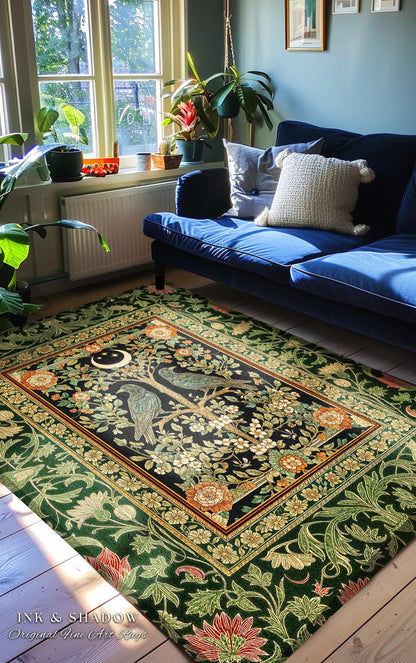 Rustic Garden Maximalist Raven Rug | Gothic Cottagecore Decor Baroque Forest Style Cozy Autumnal Accent Botanical Bedroom Antique Inspired