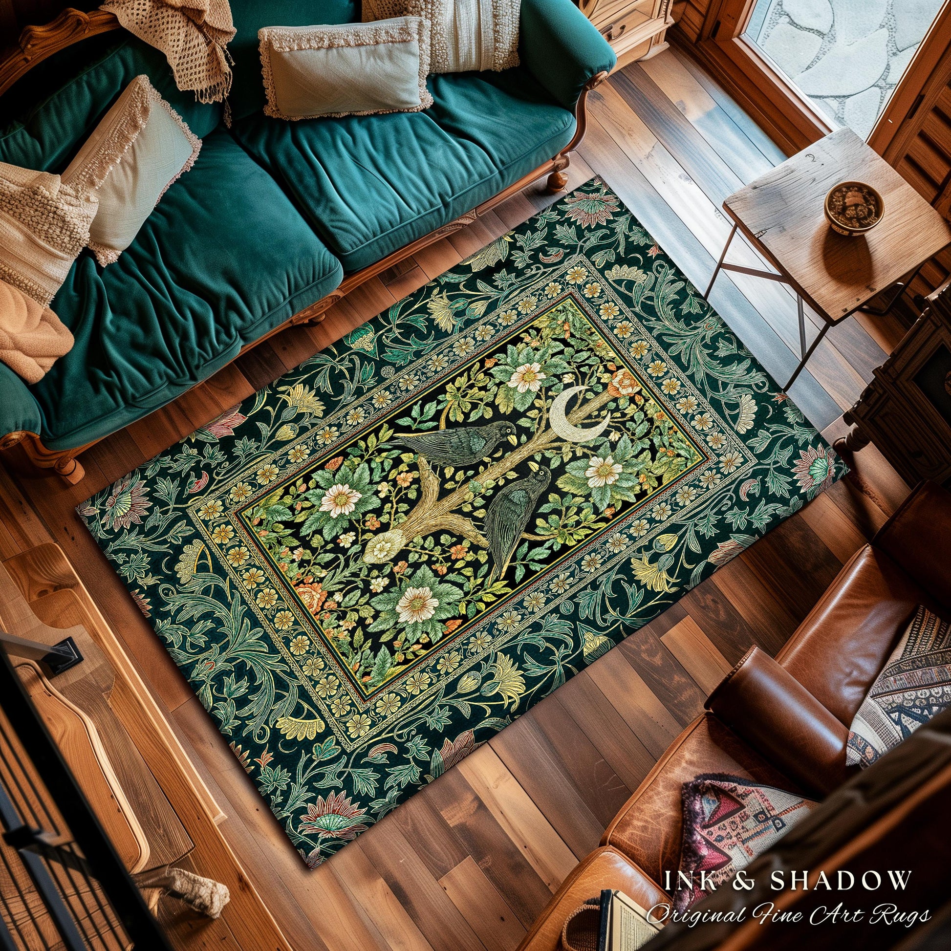 Muted Green Botanical Raven Rug | Rustic Forest Decor Baroque Celestial Accent Cottagecore Bedroom Vintage Inspired Enchanted Fairytale Boho