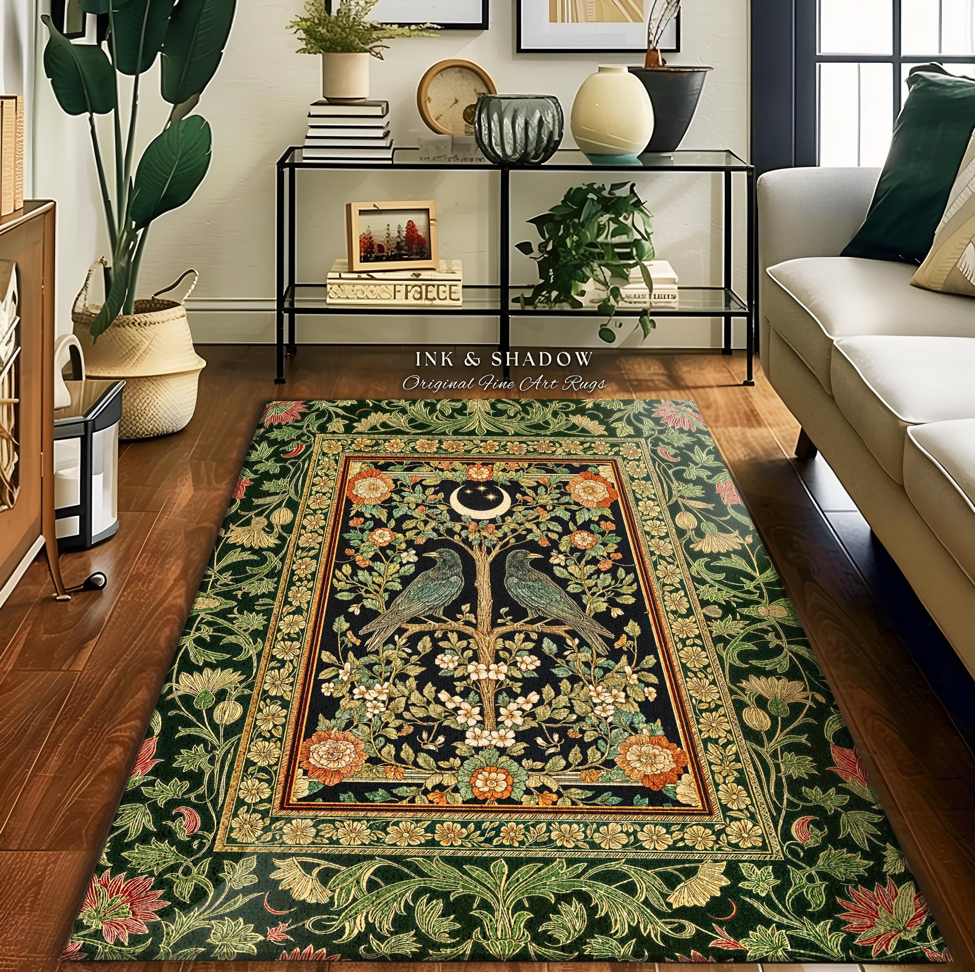 Rustic Garden Maximalist Raven Rug | Gothic Cottagecore Decor Baroque Forest Style Cozy Autumnal Accent Botanical Bedroom Antique Inspired