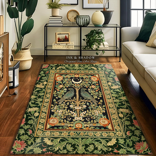 Rustic Garden Maximalist Raven Rug | Gothic Cottagecore Decor Baroque Forest Style Cozy Autumnal Accent Botanical Bedroom Antique Inspired