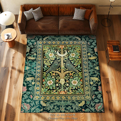 Muted Green Botanical Raven Rug | Rustic Forest Decor Baroque Celestial Accent Cottagecore Bedroom Vintage Inspired Enchanted Fairytale Boho