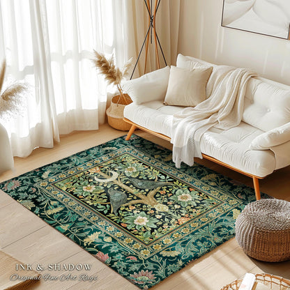 Muted Green Botanical Raven Rug | Rustic Forest Decor Baroque Celestial Accent Cottagecore Bedroom Vintage Inspired Enchanted Fairytale Boho