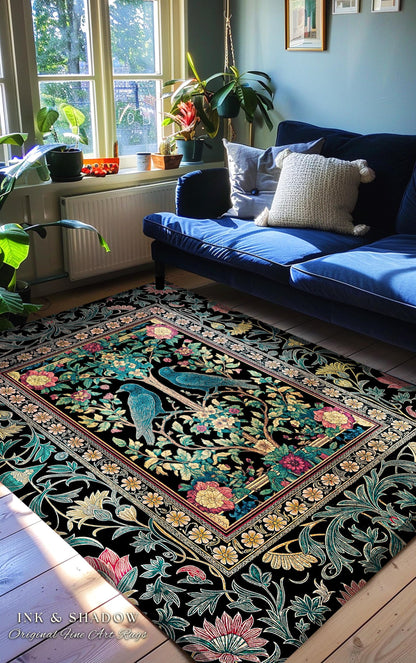 Retro Floral Baroque Crow Area Rug | Antique Inspired Decor French Cottage Accent Autumnal Aesthetic Celestial Bedroom Mystical Enchanted |