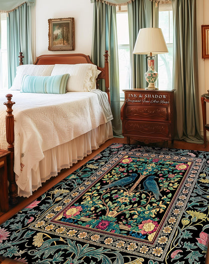 Retro Floral Baroque Crow Area Rug | Antique Inspired Decor French Cottage Accent Autumnal Aesthetic Celestial Bedroom Mystical Enchanted |