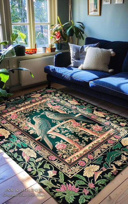 Enchanted Storybook Floral Area Rug | Cottagecore Gothic Accent Dark Academia Baroque Botanical Celestial Bedroom Mystical Maximalist Ravens