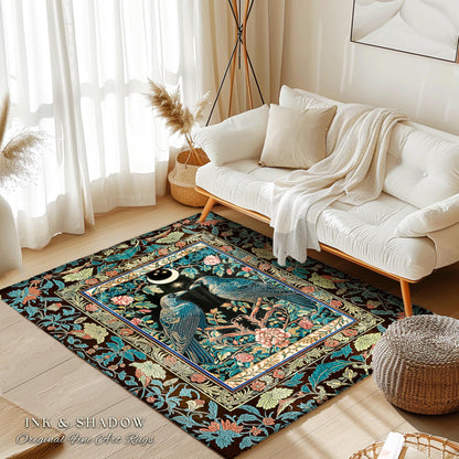 Midnight Garden Gothic Raven Rug | Celestial Victorian Accent Cozy Cottagecore Forest Style Antique Inspired Baroque Dark Academia Bedroom |