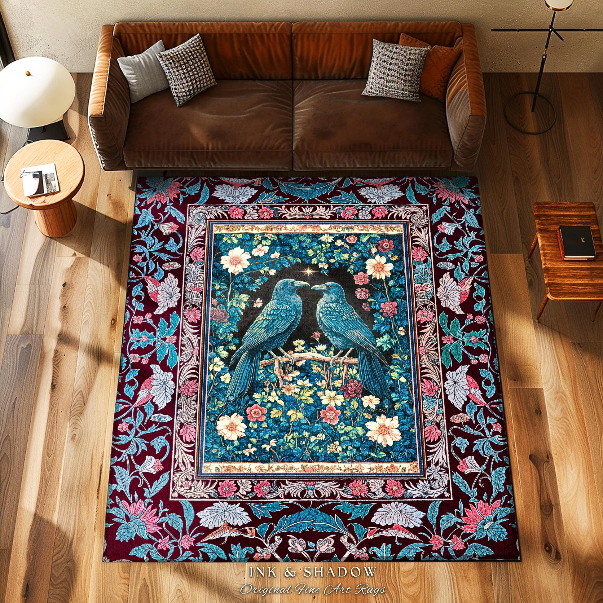 Dark Moody Wildflower Area Rug | Gothic Accent Forest Inspired Celestial Decor Dark Academia Bedroom Enchanted Raven Lovers Mystical Theme |