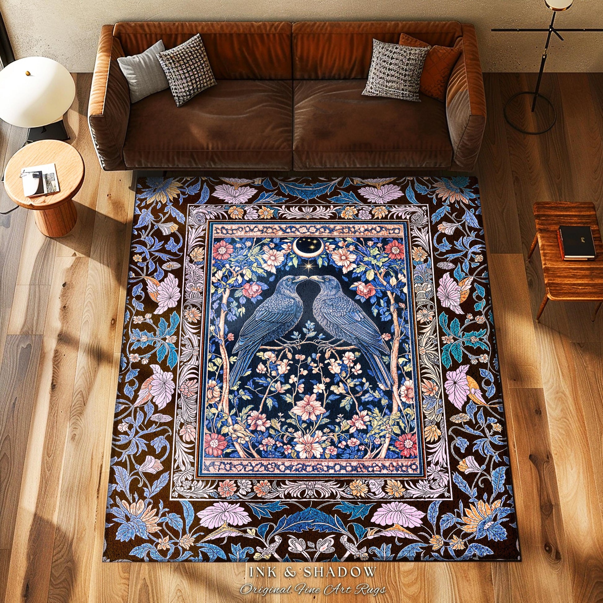 Pastel Whimsical Style Raven Rug | Medieval Maximalist Baroque Inspired Cottagecore Home Accent Light Academia Decor Antique Style Bedroom