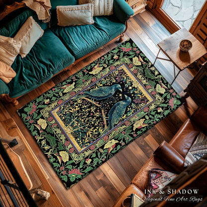 Raven Lovers Jade Celestial Crow Rug | Dark Academia Scandinavian Folklore Decor Cozy Home Baroque Carpet Mystical Fairytale Antique Accent