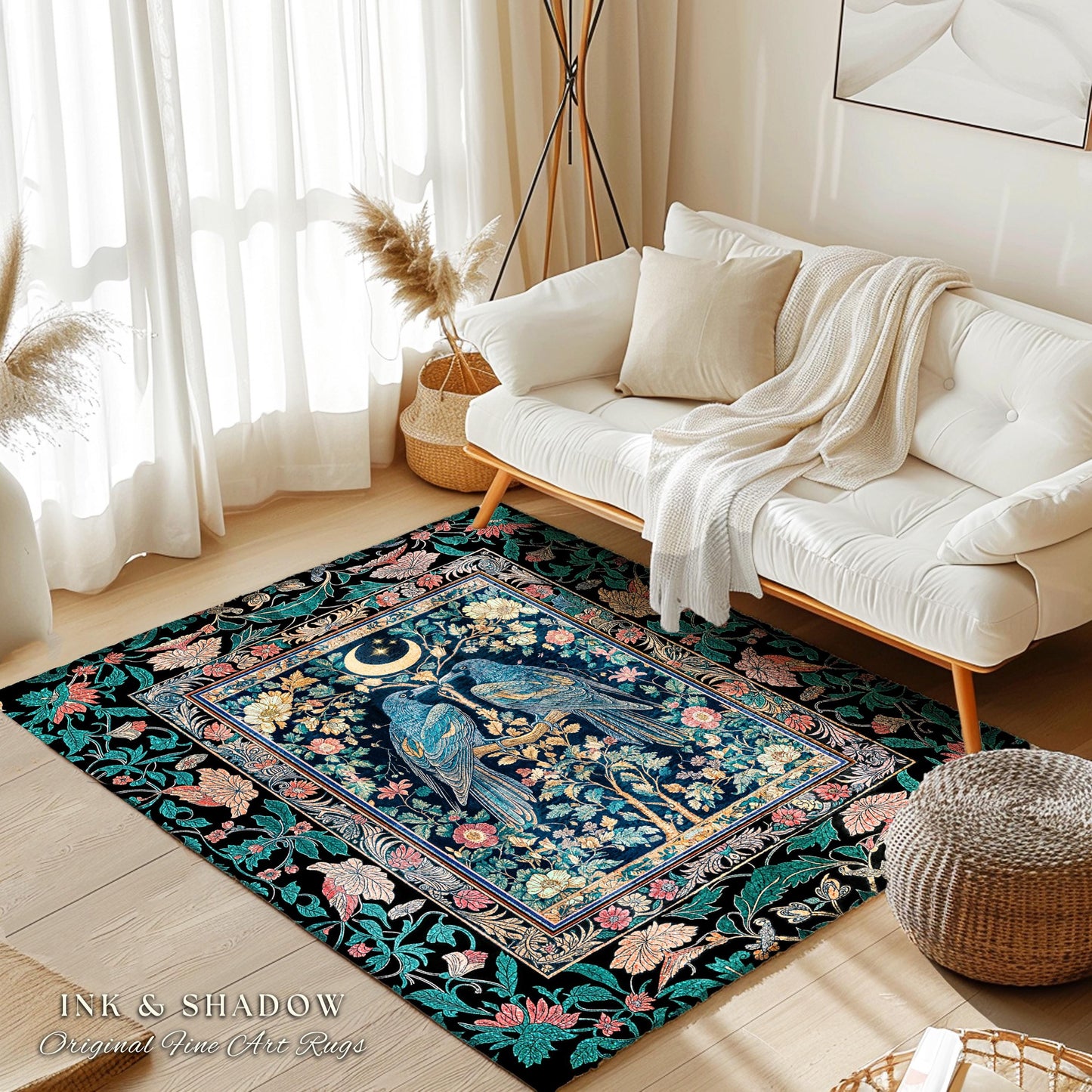 Witchy Mystic Crowcore Celestial Rug | Scandinavian Fairytale Cozy Home Accent Raven Symbolism Gothic Bedroom Mystical Room Forest Inspired