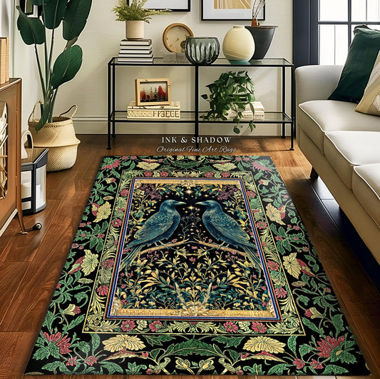 Raven Lovers Jade Celestial Crow Rug | Dark Academia Scandinavian Folklore Decor Cozy Home Baroque Carpet Mystical Fairytale Antique Accent