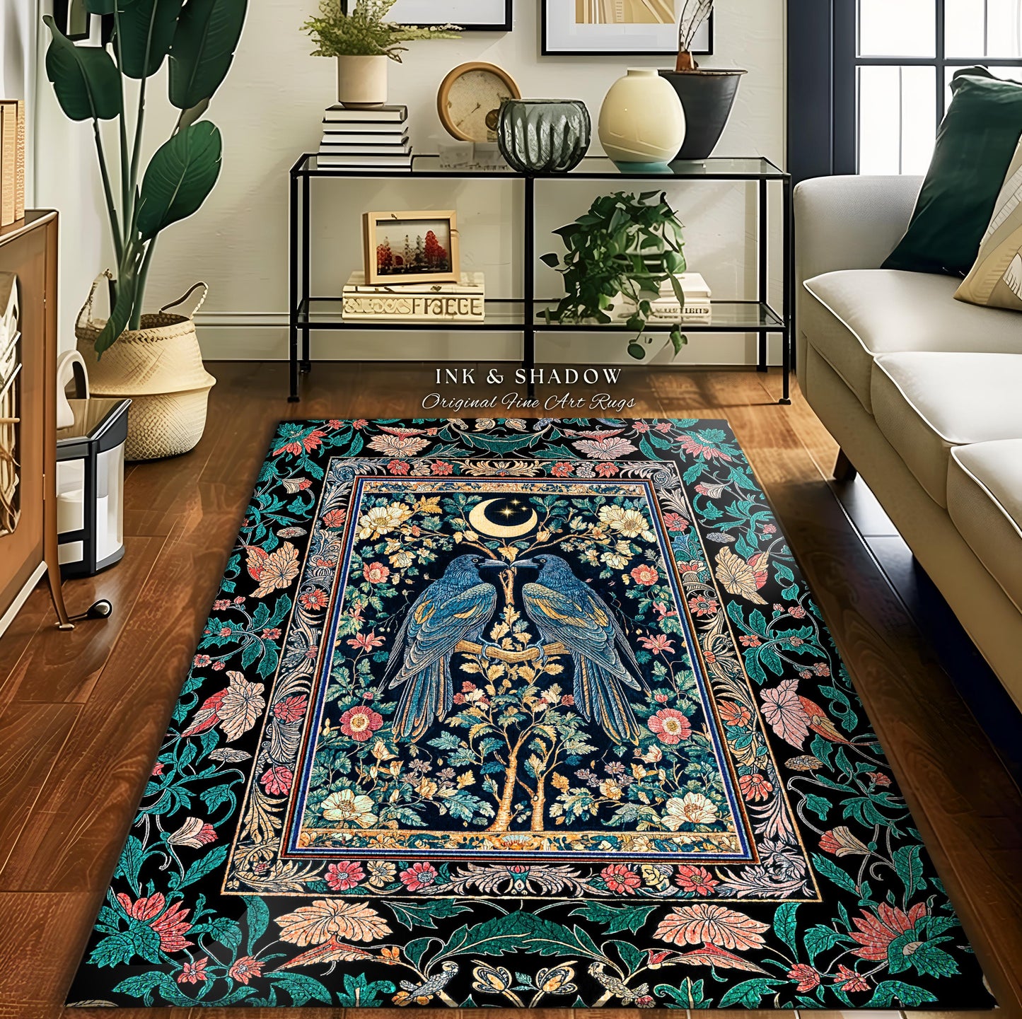 Witchy Mystic Crowcore Celestial Rug | Scandinavian Fairytale Cozy Home Accent Raven Symbolism Gothic Bedroom Mystical Room Forest Inspired