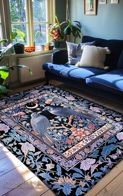 Amethyst Moon Celestial Raven Rug | Witchy Baroque Pattern Cozy Room Decor Gothic Purple Cottagecore Aesthetic Mystical Fairytale Carpet